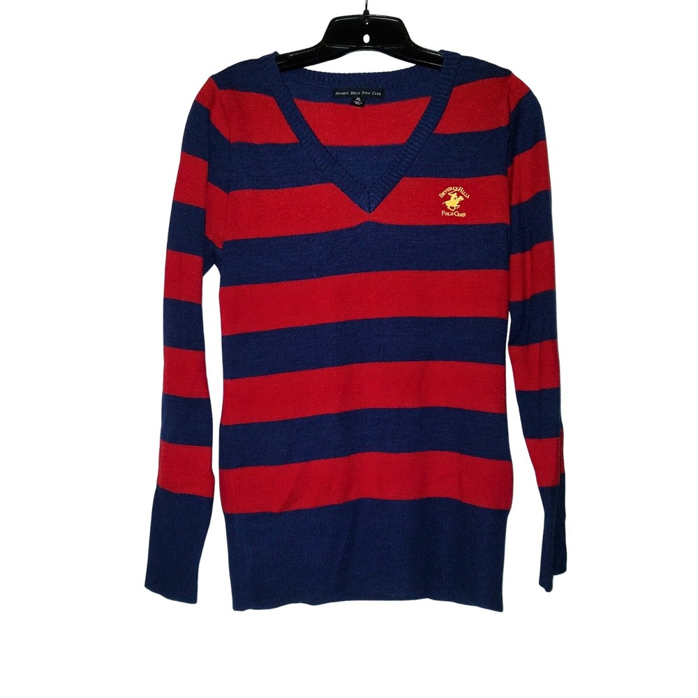 Beverly Hills Polo Club Red Navy Blue Striped Lightweight Sweater Size XL